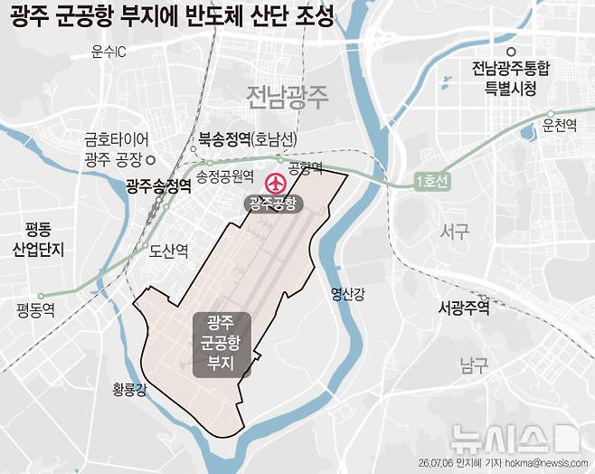 [서울=뉴시스]  호남권 반도체 클러스터가 광주 군공항 부지에 조성된다 .광주 군공항 지역은 250만평 규모의 부지 확보가 가능하고 공항 특성상 이미 평탄화가 완료돼 있다. 현재 광주 군공항 이전은 무안지역을 중심으로 관련 절차가 진행되고 있다. (그래픽=안지혜 기자) hokma@newsis.com