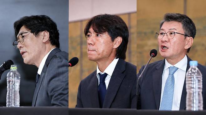 출처:연합뉴스 / 왼쪽부터 이임생 전 대한축구협회 기술총괄이사, 홍명보 전 축구대표팀 감독, 정몽규 전 대한축구협회장