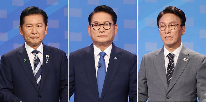 정청래·송영길·김민석 더불어민주당 당대표 후보가 지난 12일 서울 양천구 SBS에서 열린 TV토론회에 참석해 있다. 국회사진기자단