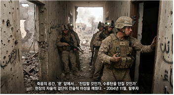 러시아·우크라이나전 문 너머의 혈투. 팔루자 폐허 속의 우크라이나 보병을 생성형 AI 제미나이로 그린 이미지. 위성 네트워크와 드론이 상공을 지배하는 현대전에서도, 결국 적의 포격을 견디며 진흙 참호 속에서 방아쇠를 당기고 땅을 지켜내는 최종 종결자는 단련된 지휘관과 보병임을 보여준다. 오상봉 예비역 대령 제공