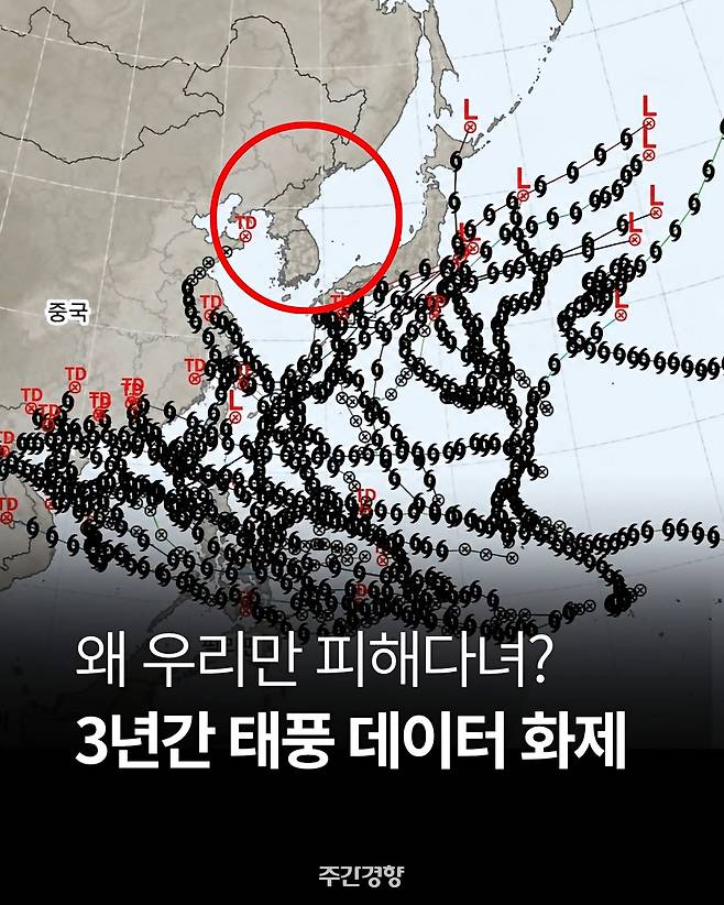 최근 3년간 태풍 경로를 겹쳐 놓았다며 온라인에서 확산한 이미지. 한반도 주변이 비어 있는 것처럼 표시됐지만 최초 제작자와 정확한 데이터 출처는 확인되지 않았다. /개드립