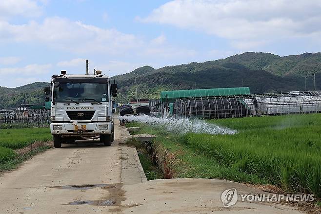 살수차 동원 (경주=연합뉴스) 손대성 기자 = 지속된 가뭄으로 6일 경북 경주시 강동면 논과 밭이 마르자 살수차가 물을 뿌리고 있다. 2026.8.6 sds123@yna.co.kr