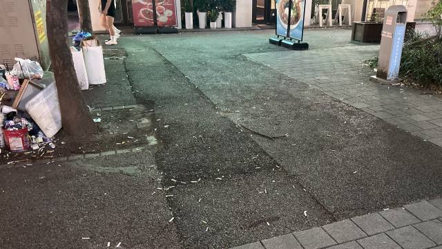 반경 3m내 거리. 바닥엔 수많은 담배꽁초가 뿌려져 있다. 사진=오민지 기자