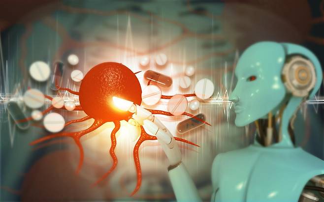 AI 기반 암 연구를 표현한 이미지. 개인맞춤형 암백신은 환자의 암 유전자 변이를 분석해 면역세포가 공격할 신생항원을 선별하고 환자별 백신을 설계하는 방식이다. 게티이미지뱅크