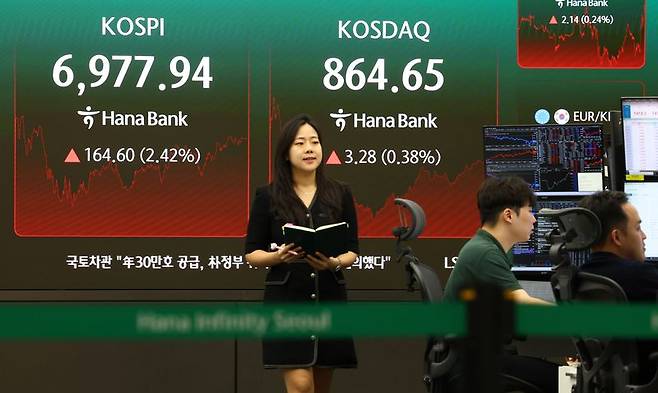 코스피가 전날 대비 2.42% 상승한 6977.94로 마감한 지난 14일 서울 중구 하나은행 딜링룸 전광판에 코스피 등이 표시돼 있다. 뉴시스 제공