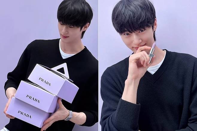 배우 변우석이 프라다 뷰티의 '위스테리아 퍼플 컬렉션' 제품을 들고 포즈를 취하고 있다. /사진=배우 변우석 인스타그램