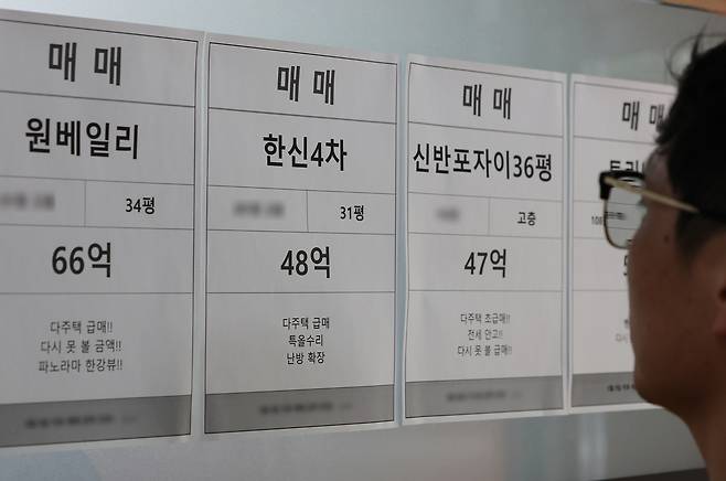 14일 서울 서초구 한 부동산 중개업소에 다주택자 급매물이 붙어 있다.[연합]