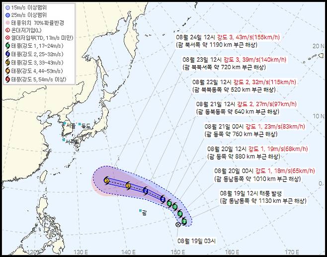 18 호 태풍 '사우델' 예상 경로(19일 13시 20분 발표) [기상청 제공]