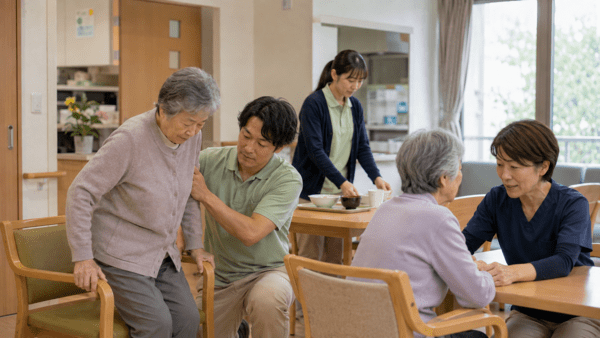 노인돌봄시설에서 직원들이 입소 노인의 이동과 식사, 일상생활을 지원하는 모습 / 챗지피티 생성