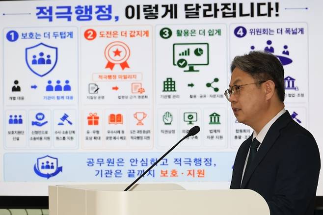 적극행정 운영규정 개정안 브리핑 - 김성훈 인사혁신처 차장이 19일 세종시 정부세종청사에서 ‘적극행정 운영규정 개정안’에 대해 브리핑하고 있다. 이번 개정은 적극행정 공무원에 대한 보호와 지원을 강화하는 한편 적극행정위원회의 신뢰성과 활용성을 높이는 데 중점을 뒀다. 연합뉴스