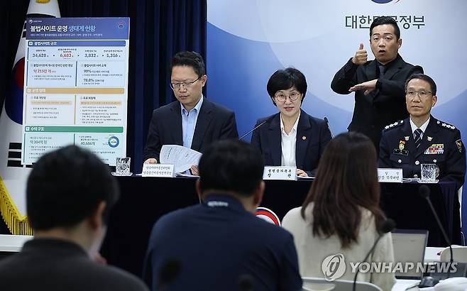 디지털 성범죄 불법 사이트 통합 대응방안 발표 (서울=연합뉴스) 안정원 기자 = 원민경 성평등가족부장관이 20일 서울 종로구 정부서울청사에서 불법 촬영물 등 유통사이트 심층분석을 통한 불법사이트 통합 대응 방안을 발표하고 있다.
왼쪽부터 신영규 방송미디어통신위원회 방송통신이용자정책국장, 원 장관, 유재성 경찰청장 직무대행. 2026.8.20 jeong@yna.co.kr