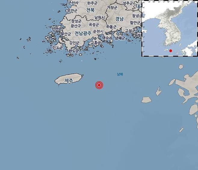 22일 오후 7시9분27초 제주 서귀포시 동쪽 79㎞ 해역에서 규모 2.7의 지진이 발생했다./기상청