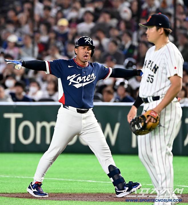 7일 일본 도쿄돔에서 열린 WBC(월드베이스볼클래식) 한국과 일본의 경기. 1회초 무사 1루 존스가 적시타를 치고 환호하고 있다. 도쿄(일본)=허상욱 기자wook@sportschosun.com/2026.03.07/