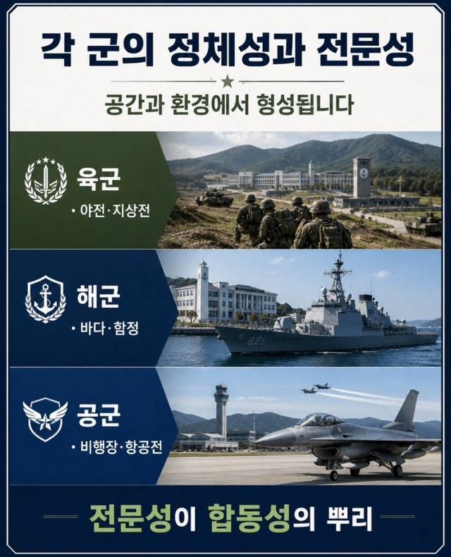 육·해·공군 각 군의 정체성과 전문성이 합동성의 뿌리임을 설명하는 CG. 조병설 예비역 대령 제공