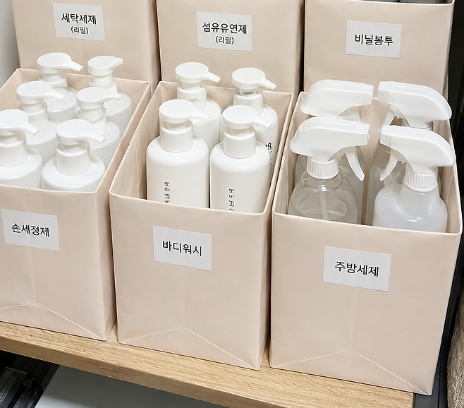 공간에 맞게 직접 접어 만든 종이 쇼핑백 칸막이. 강민영