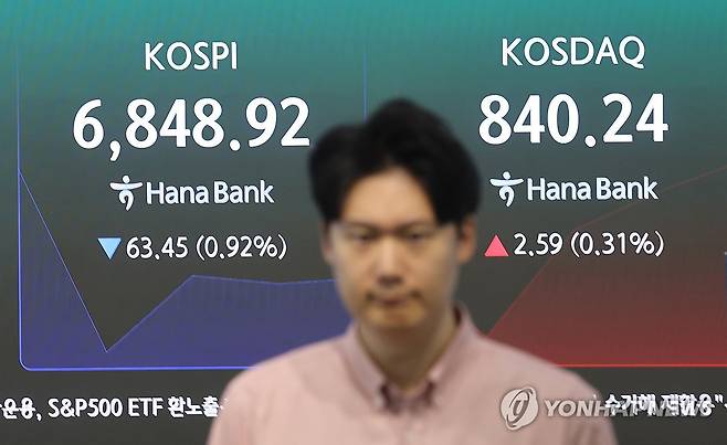 코스피 하락 출발 (서울=연합뉴스) 박동주 기자 = 코스피가 하락 출발한 28일 서울 중구 하나은행 딜링룸에서 직원이 업무를 보고 있다. 2026.8.28 pdj6635@yna.co.kr