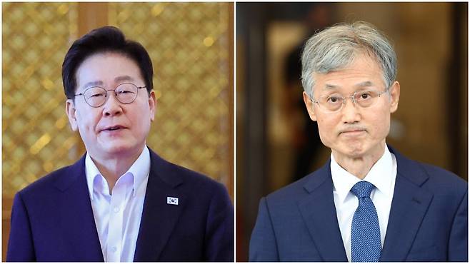 청와대는 28일 이재명 대통령이 조 대법원장이 노태악 전 대법관의 후임으로 임명 제청한 손봉기 대구지법 부장판사에 대해 국회에 임명 동의안을 제출하지 않고 후보자를 다시 제청할 것을 요청했다고 밝혔다. 사진은 이재명 대통령과 조희대 대법원. /뉴시스·뉴스1