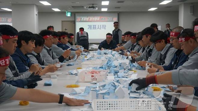 HD현대중공업 노조가 지난 27일 울산 사업장에서 올해 임단협 난항에 따른 전체 조합원 파업 찬반투표를 개표하고 있다. /사진=뉴스1