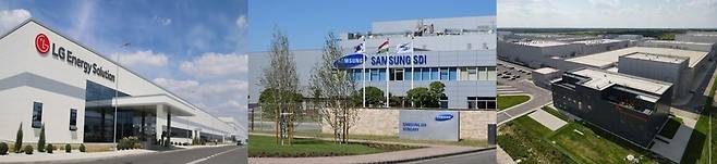 유럽연합(EU)이 지나치게 높은 중국산 배터리 의존도를 낮추기 위해 탈중국 공급망 정책과 규제를 강화하면서 LG에너지솔루션과 삼성SDI, SK온 등 한국 배터리 3사와 협력을 강화해야 한다는 목소리가 나온다. 사진은&nbsp;LG에너지솔루션 폴란드 브로츠와프 공장,&nbsp;삼성SDI&nbsp;헝가리 괴드 1공장, SK온 헝가리 코마롬 2공장. (사진=각 사 제공)