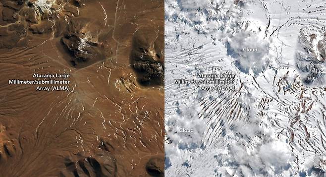 8월 6일과 14일 위성으로 촬영한 칠레 아타카마 사막. NASA 제공