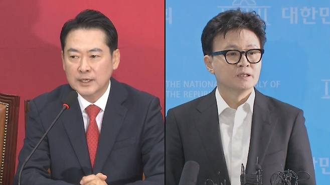 장동혁(왼쪽) 국민의힘 대표와 한동훈 무소속 의원