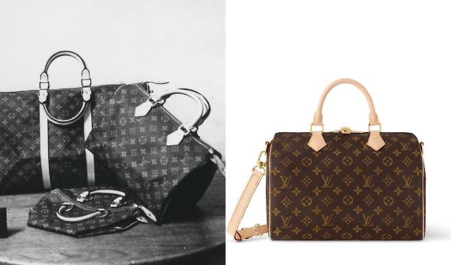 1968년에 촬영된 키폴 및 스피디백 © Collection Louis Vuitton (왼쪽)과 2026년에도 매장에서 판매되고 있는 스피디 백. 사진 루이 비통