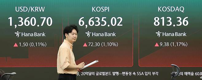 3일 서울 중구 하나은행 본점 딜링룸 전광판에 실시간 원/달러 환율 등이 표시돼있다. [연합]