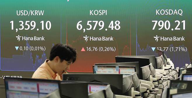 3일 서울 중구 하나은행 본점에서 직원들이 증시와 환율을 모니터 하고 있다. 이날 코스피는 전장보다 16.76포인트(0.26%) 오른 6,579.48에 거래를 종료했다. ⓒ연합뉴스