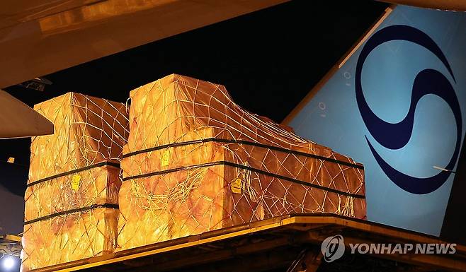 항공기에 탑재되는 삼성전자·SK하이닉스 반도체들 지난 7월 30일 인천국제공항 대한항공 화물터미널에서 관계자들이 삼성전자와 SK하이닉스의 반도체를 항공기에 탑재하는 장면.  [공동취재·연합뉴스 자료사진]