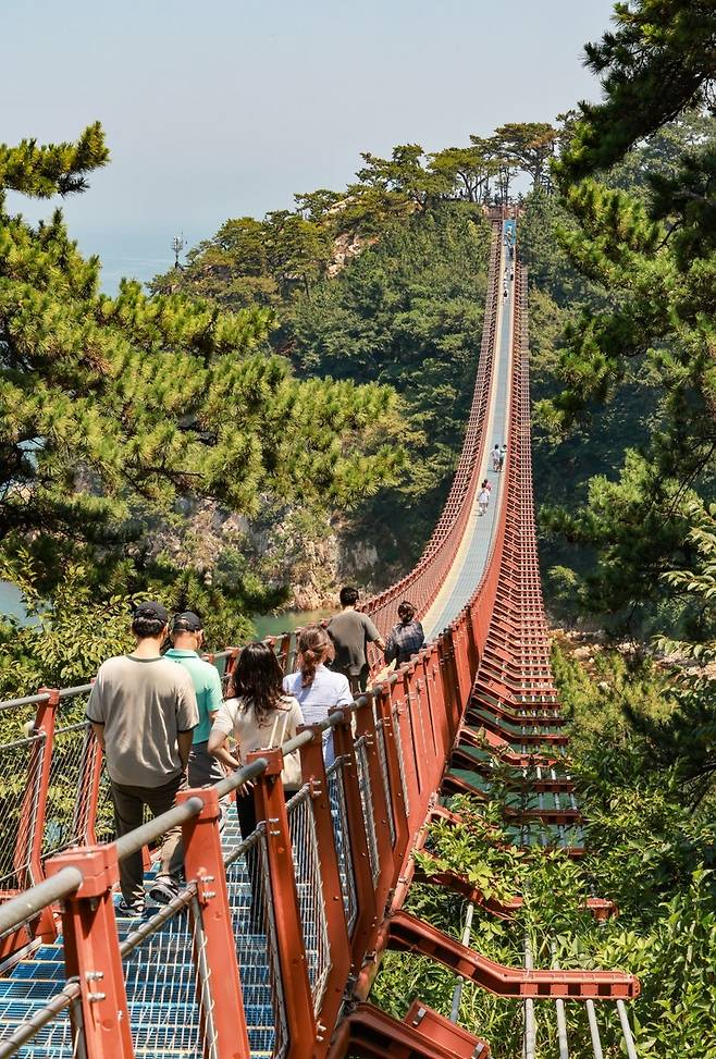 출렁다리를 건너는 관광객들[사진/임헌정 기자]