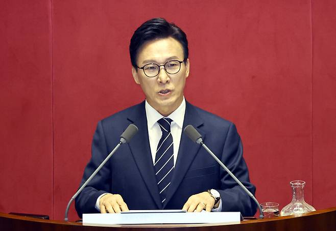 김민석 더불어민주당 대표가 7일 국회 본회의장에서 교섭단체 대표 연설을 하고 있다. 윤운식 선임기자 yws@hani.co.kr