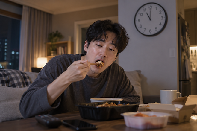 주말 저녁 밤 늦게 식사하는 남성의 모습을 AI로 생성한 이미지. [챗GPT]