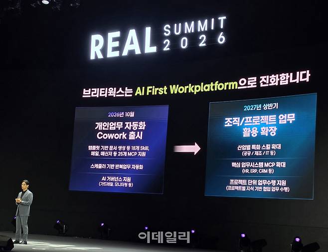 창성중 삼성SDS C&C사업팀장이 8일 서울 삼성동 코엑스에서 열린 '리얼 서밋 2026'에서 '브리티웍스 코워크(Brity Works Cowork)'에 대해 설명하고 있다. (사진=한광범 기자)
