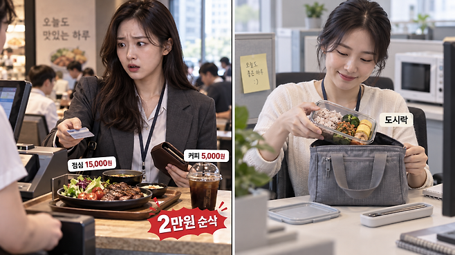 점심값과 커피값 부담에 외식 대신 도시락을 챙기는 직장인이 늘고 있다. 왼쪽은 1만5000원짜리 점심과 5000원짜리 커피를 결제하는 모습, 오른쪽은 사무실에서 직접 챙긴 도시락을 꺼내는 모습을 표현한 이미지. ChatGPT 생성 이미지