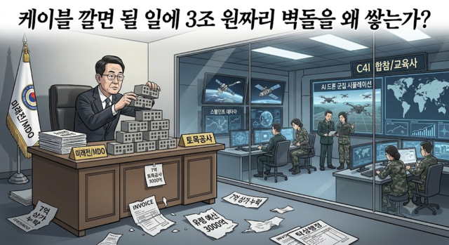 미래전 대비 사관학교 물리적 통합에 의한 3조원대 국군사관학교 설립 및 사관학교 이전 비용 등 예산의 비효율적인 운영과 탁상행정을 비판하는 설명도. 왜 3조 원 혈세를 처박아 생도들 몸뚱이를 한 기숙사에 쑤셔 넣어야 하는지, 케이블 깔면 될 일에 3조 원짜리 벽돌을 왜 쌓는지를 풍자하고 있다. 오상봉 예비역 대령 AI 그림