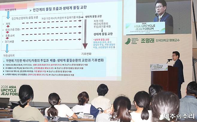 10일 아시아업사이클제주포럼에서 조명래 전 환경부 장관이 자원순환 정책에 대해 조언하고 있다.