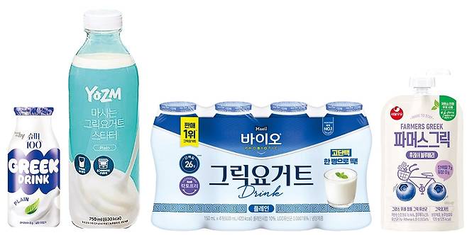 왼쪽부터 hy ‘슈퍼100 그릭드링크’, 그릭요거트 전문 브랜드 요즘(YOZM)의 1.8ℓ ‘마시는 그릭요거트 스타터’, ‘매일 바이오 그릭요거트 드링크’, 서울우유 파우치형 ‘파머스그릭 후레쉬 블루베리’ 각사 제공