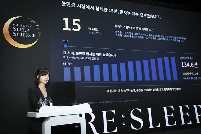 김윤미 한독 전무가 9일 서울 강남구에서 진행된 리슬립(RE:SLEEP) 미디어 세션에서 한독의 슬립 사이언스 전략에 대해 설명하고 있다. 사진 제공=한독
