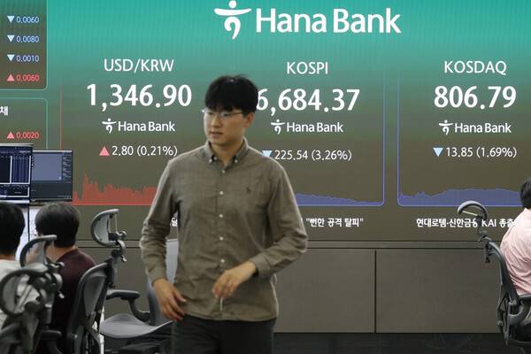 14일 서울 중구 하나은행 딜링룸 현황판에 코스피와 코스닥지수 등이 표시되고 있다. 이날 코스피는 전장보다 225.54포인트(3.26%) 내린 6,684.37에, 코스닥지수는 전장보다 13.85포인트(1.69%) 하락한 806.79에 거래를 마쳤다. 연합뉴스