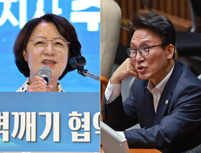 왼쪽부터 더불어민주당 소속 추미애 경기도지사, 김민석 당대표. [연합뉴스 사진 갈무리]