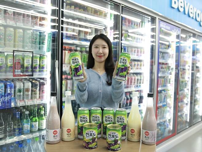 GS25가 출시한 삼포깐포도하이볼과 햇반 IP를 활용한 막걸리. 사진=GS리테일