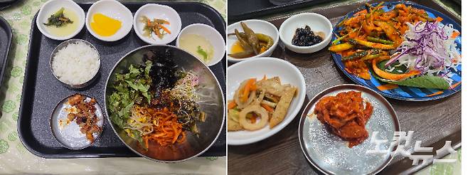 각각 주재료를 밥그릇 뚜껑에 덜어낸 낙지비빔밥(왼쪽)과 서대회무침. 유대용 기자