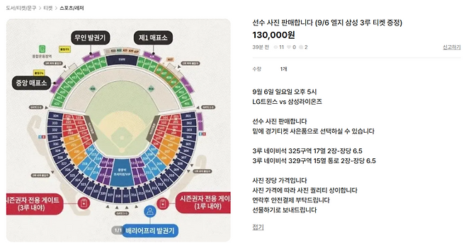 중고거래 플랫폼에 올라온 '선수 사진 13만 원 판매(티켓 증정)' 꼼수 암표 게시글 / 사진=신동길 인턴기자