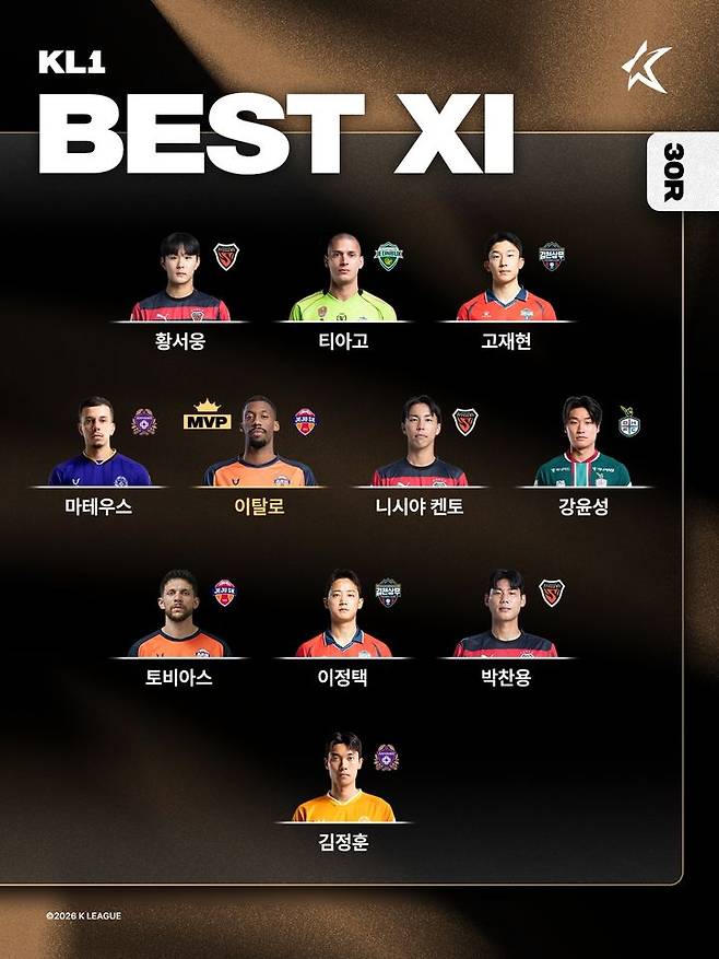 [서울=뉴시스] 하나은행 K리그1 2026 30라운드 베스트11. (사진=한국프로축구연맹 제공) *재판매 및 DB 금지