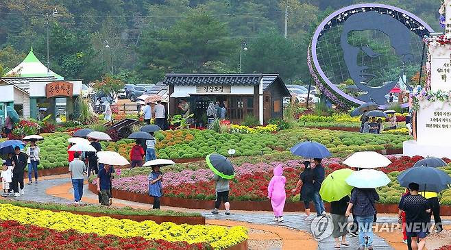 우산 쓰고 걷는 가을꽃길 (인제=연합뉴스) 박영서 기자 = 25일 강원 인제군 북면 용대관광지 일원에서 열린 인제 가을꽃축제를 찾은 관광객들이 박인환 시인 탄생 100주년을 기념해 조성된 낭만정원을 둘러보고 있다. 2026.9.25 conanys@yna.co.kr