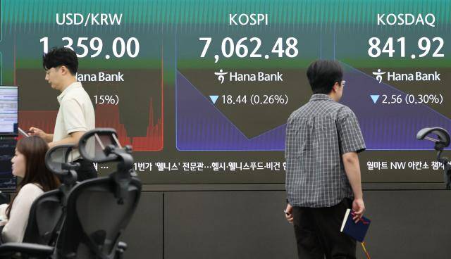 28일 서울 중구 하나은행 본점 딜링룸 전광판에 실시간 원/달러 환율과 코스피, 코스닥지수가 표시돼 있다. [사진=연합뉴스]