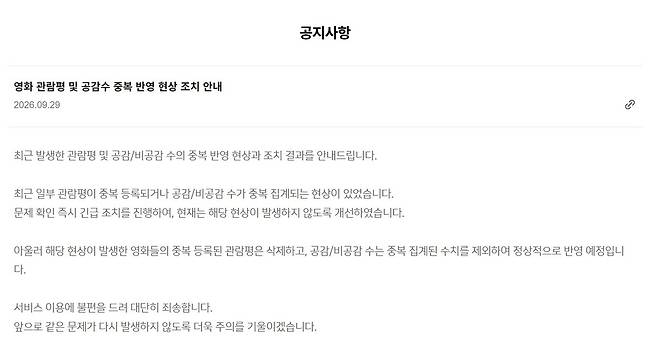 네이버는 29일 ‘영화 관람평 및 공감수 중복 반영 현상 조치 안내’ 공지에서 “최근 일부 관람평이 중복 등록되거나 공감·비공감 수가 중복 집계되는 현상이 있었다”고 밝혔다. 네이버 공지 페이지 캡처
