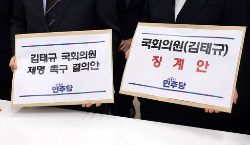 천준호 원내운영수석부대표를 비롯한 더불어민주당 의원들이 1일 여의도 국회 의안과에서 김태규 국회의원 제명 촉구 결의안 및 징계안을 제출하고 있다. 뉴시스