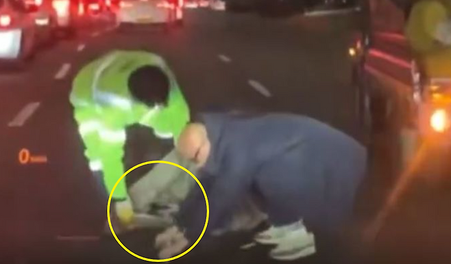 방송인 홍석천이 환경미화원을 도와 도로 위에 떨어진 쓰레기를 주워 담고 있다./사진=SNS, 뉴시스