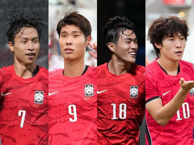 U-23 축구대표팀 엄지성과 이영준, 김명준, 배준호(왼쪽부터)가 3일 일본 나고야 도요타 스타디움서 열릴 일본과 아시안게임 결승전을 벼르고 있다. 화끈한 화력으로 사상 첫 대회 4연패를 일구려 한다. 사진제공｜대한축구협회